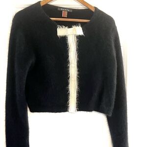 Orla Kiely Angora Crop Bow tie Snap front Cardigan Black sweater Sz 4